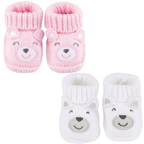 LACOFIA 2 Paare Neugeborene Gestrickt Babyschuhe Weiche Baby Jungen Mädchen Stiefeletten 0-3 Monate Rosa Fuchs+Weiß Bär