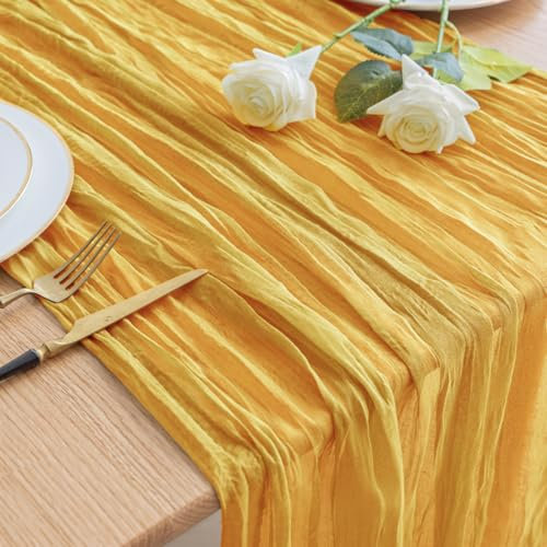 Asee'm Tischläufer Käsetuch 300 x 90cm Gold Boho Transparente Läufer Tisch Hochzeit Gaze Stoff Rustikale Käse Tuch für Braut Dusche Party