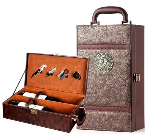 Coffret à vin Sommelier Set avec 4 Accessoires pour le vin Coffret Cadeau pour le Vin Étui de transport de vin pour 2 Bouteilles pour Mariage Anniversaire Fête Voyage 35x20x12 cm