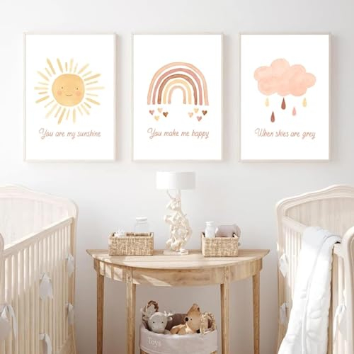 Boho-Kinderzimmer-Wandkunst, Leinwandgemälde, You Are My Sunshine, Regenbogen, nordische Poster, Drucke, Baby- und Kinderzimmerdekoration, 30 x 40 cm (11,8 x 15,7 Zoll) x 3, ohne Rahmen