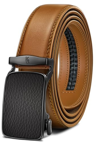 KEMISANT Gürtel Herren, Automatik Ledergürtel Herren Ratsche für Herren Business Anzug,35mm Gürtel ohne Löcher-Größe festgelegt(Orangebraun,105cm/28-34 taille verstellbar)