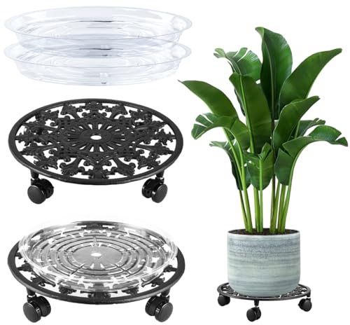 2 Pack Plant Caddy with Wheels Heavy Duty 14 Inch Metal Plant Stand with Wheels Wrought Iron Plant Dolly Rolling Plant Stand Plant Roller with Casters for Indoor and Outdoor with 2 Pack Plant Saucers