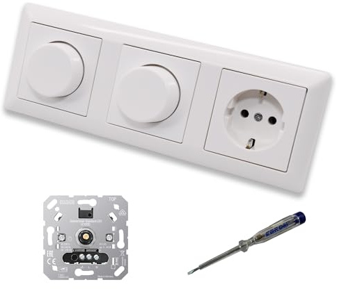 EBROM SET IDEE: JUNG 1730DD (2 x) LED Drehdimmer Dimmer + Scheiben A1740WW und Steckdose mit Kinderschutz A1520KIWW in alpinweiß glänzend + EBROM Phasenprüfer zur Montage der Geräte u.A. 1730 DD
