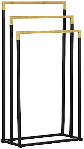kleankin Toallero Escalera de 3 Niveles Toallero de Pie con 3 Barras de Bambú y Marco de Acero Toallero para Baño Lavadero 45x22,5x86 cm Negro y Natural