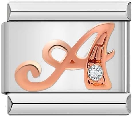 M&S A-Z Rose Gold Letter Initial Name Alphabet 9mm Italian Link Charm Compatible With Nomination Bracelet (A)