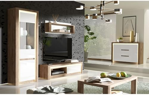 Lomadox Wohnwand Set 5-teilig Couchtisch TV Board inkl. Regal Wandregal Schrank Wohnzimmermöbel Vitrinenschrank modern in Eiche mit weiß
