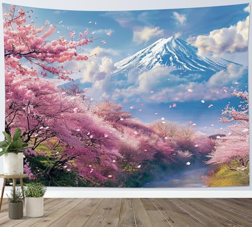 LB Tapisserie Murale Montagne japonaise Tenture Murale Arbre à fleurs rose Couverture Murales Paysage de la nature Tapisseries Decoration pour Maison Salon Chambre Dortoir,235x180cm