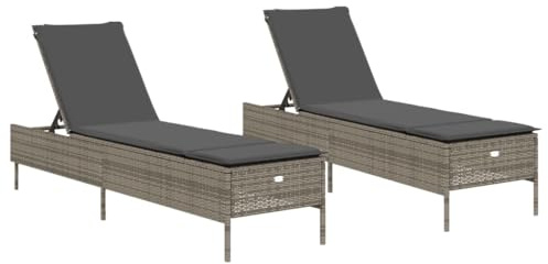 vidaXL Sonnenliegen 2 STK., Sonnenliege mit Auflagen Rückenlehne, Relaxliege für Garten Terrasse, Gartenliege Sonnenbett, Grau Poly Rattan