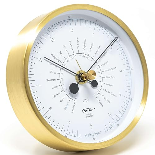 Fischer 1608W-45 POLAR Weltzeituhr, Design by Mark Braun, Messing | Quarz-Wanduhr mit Gehäuse, mit Messing-Gehäuse, 133mm Durchmesser, Made in Germany