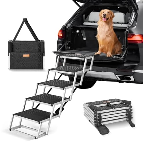 VEVOR Hundetreppe für Autos, breite 5-stufige Hundeautotreppe, zusammenklappbare Hundeautorampe mit Rutschfester Oberfläche, tragbare Haustiertreppe aus leichtem Aluminium für Auto, SUV und LKW