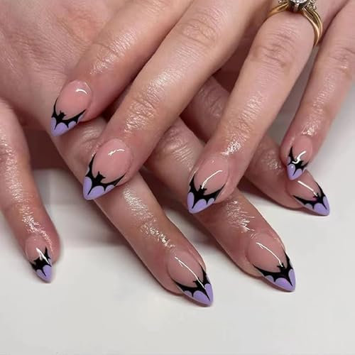 MouyouGlow Press on Nails Kurz,Almond Halloween Fledermaus French Horror Spooky Fake Nails mit Nagelkleber,Lila Schwarz Bat Künstliche Fingernägel