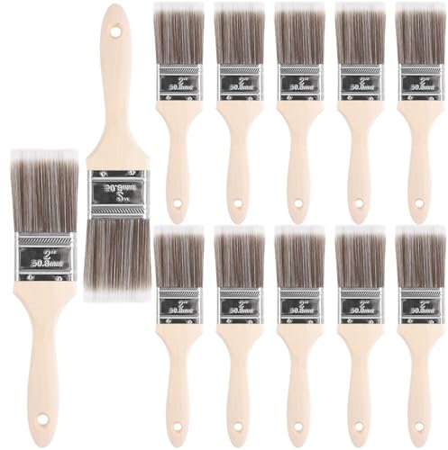 GBACHOOSE 12 Pcs 2 inch/50mm Paint Brushes, Paint Brush Decorating with Wooden Handle, Cutting in Brush for Paint, Stain, Varnish, Glue and Home DIY