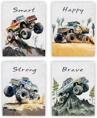 NIIORE Monster Truck Wandkunstdrucke, 4-teiliges Set, positive Motivationsposter für Kinder, inspirierende LKW-Leinwanddrucke für Kinderzimmer, Schlafzimmer, Dekoration, 20,3 x 25,4 cm, ungerahmt