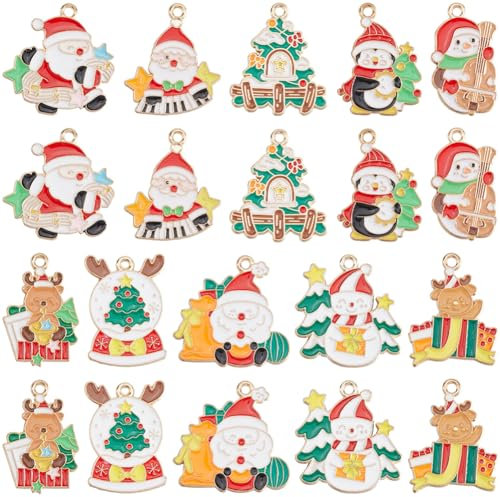 SUNNYCLUE 1 Box 40 Stück 10 Stile Weihnachts Emaille Anhänger Mini Weihnachtsanhänger Goldene Weihnachtsbaumkugel Elch Schneemann Weihnachtsmann Winterurlaubsanhänger Für Die Schmuckherstellung Anhäng