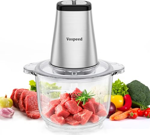 Mini Chopper 500W Vospeed Electric Food Processors, 2L Vegetable Food Chopper with 2 Speed Settings, 4 Bi-Level Blades Meat Grinder for Meat, Vegetables, Fruits and Nuts, BPA Free