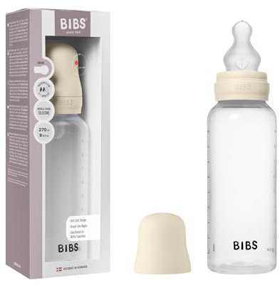Biberon BIBS d’une capacité de 270 ml avec tétine en silicone - fonction anti-colique, sans bisphénol A, tétine ronde, débit moyen, convient aux nouveau-nés - Ivory