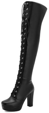 Stivali sopra Il Ginocchio da Donna Stivali da Combattimento con Lacci E Plateau con Tacco Largo,Nero,46 EU