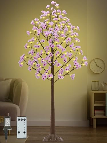 Árbol de cerezo de 6 pies con 112 luces LED, 336 flores rosas exuberantes, árbol de cerezo artificial iluminado con control remoto, 8 modos, temporizador para primavera, boda, fiesta, San Valentín,