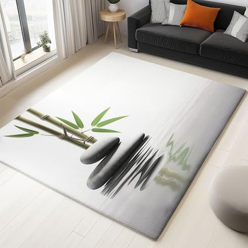 Generisch Spa Kieselsteine Bambus Teppiche Flächenteppich Weiß rutschfest 3D Flanel Teppich, Weiches Bodenteppich Für Wohnzimmer Schlafzimmer 140 x 200 cm - Leicht zu Reinigen