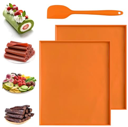 2 Pièces Plaque Genoise, 25 X 30 cm Tapis à Gâteau Roulé Suisse avec Spatule, Antiadhésives Plaque Silicone Feuilles de Déshydrateur en Silicone avec Bord pour Cuirs de Fruits, Rouleaux de Gâteaux