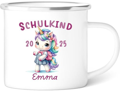GRAVURZEILE Emaille Tasse für Kinder - Schulkind Einhorn - Personalisiert mit Namen - versch. Motive - 300 ml - Trinkbecher für Kinder - Geschenk zur Einschulung für Jungen & Mädchen