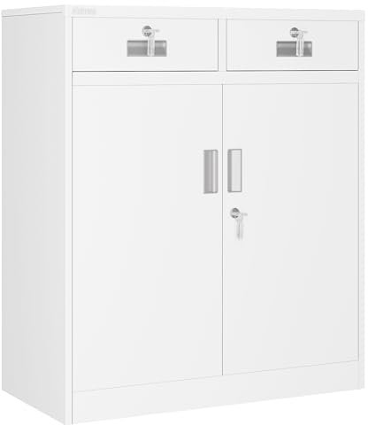 Atahome Metal Cabinet Storage Cupboard Lockable Steel Cabinet Locking Doors, 2 Drawers & Adjustable Shelf – Home, Office, Garage, Kitchen, Pantry 92 x 80 x 40 cm (H x W x D) Smyrna (Smyrna, White)