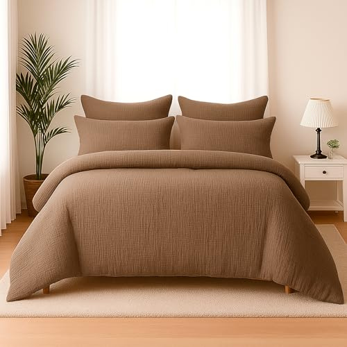 Wolkenfeld Premium Musselin Bettwäsche 135x200 mit Reißverschluss – Aus 100 % Baumwolle – Atmungsaktiv & Weich – 2X Bettwäsche Musselin mit 2X 80x80 Kissenbezug Caffee