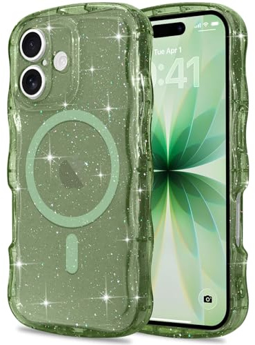 Pepmune for iPhone 17 Case Clear Bling Compatible with Magsafe | Soft TPU Curly Wavy Frame & Hard PC Back,Sparkle Glitter Magnetic Cover,Slim Shockproof Wave Phone Case-Dark Green