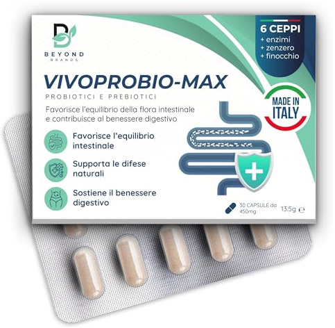 VIVOPROBIO-MAX Fermenti Lattici Probiotici e Prebiotici 40 Miliardi CFU con Enzi-Mix™ Enzimi Digestivi Zenzero e Finocchio per Gonfiore e Gas Intestinali 30 Capsule Made in Italy