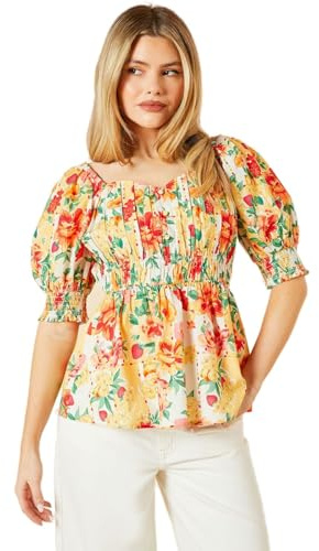 Dorothy Perkins Floral Ruched Bodice Puff Sleeve Peplum Top, 16, Floral