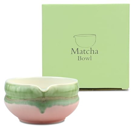 Matcha Schale aus Keramik mit Ausgießer, Japanische Matcha-Tee-Rührschüssel mit Geschenkbox, Handgefertigt Aquarell, Teeschale für Teezeremonien und Matcha-Zubereitung für Büro, Teestube, Rosa/Grün
