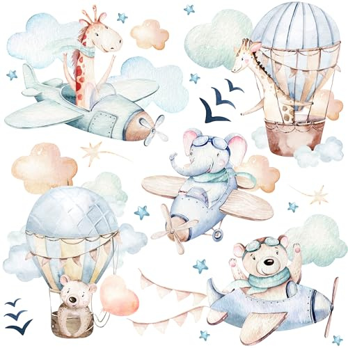 Muralo Wandtattoo Set Tiere in den Wolken, UV-beständig - 120x60 cm | Wandsticker, Modernes Design - ideal für Kinderzimmer, für Mädchen und Jungen, einfach anzubringen