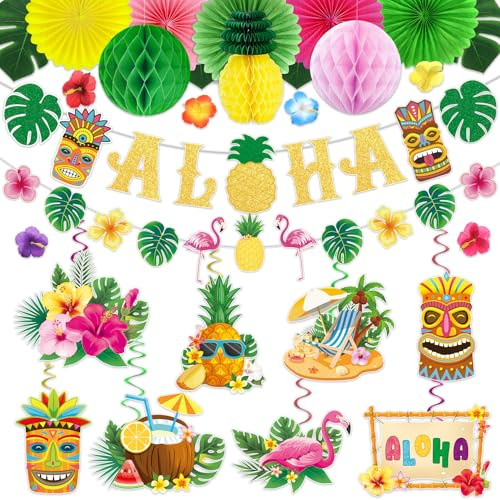 BlueCloudy Hawaiian Party Decorations Tropical Summer Beach Set | Aloha Banner, Paper Fan Flowers, Honeycomb Balls, Faux Monstera Leaves, Spiral Hanging for Holiday Birthday Garden Decoration