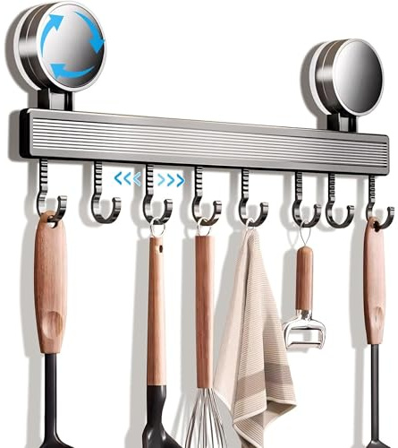 Hakenleiste Küche ohne Bohren mit Saugnapf, 8 Haken, 40 cm lang, bis 20 kg | Gunmetal-Grau, abnehmbare Küchenutensilienhalterung, rostfreie Wandaufhängung, 1-Minuten-Montage, für Bad, WC und Wohnmobil