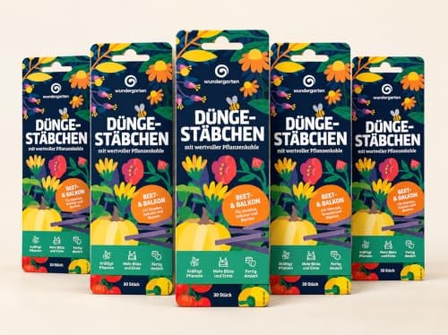 5x 30 Stück Bio Düngestäbchen für Beet & Balkon – Wundergarten – Mit Pflanzenkohle – Langzeitdünger für Blumen, Kräuter & Gemüse – Einfache Anwendung ohne Flüssigdünger
