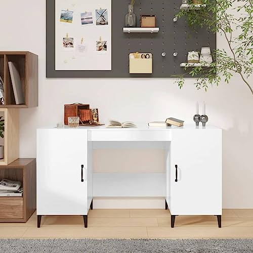 Runheo Schreibtisch Hochglanz-Weiß aus Holzwerkstoff und Metall 140x50x75 cm mit Stauraum und Ablage, Arbeitstisch Bürotisch PC Laptop Sekretär für Homeoffice Arbeitszimmer