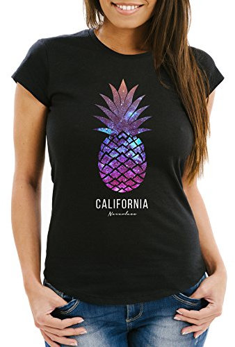 Neverless Damen T-Shirt Ananas Galaxy Galaxie Wasser Ozean Slim Fit schwarz-Galaxy XL