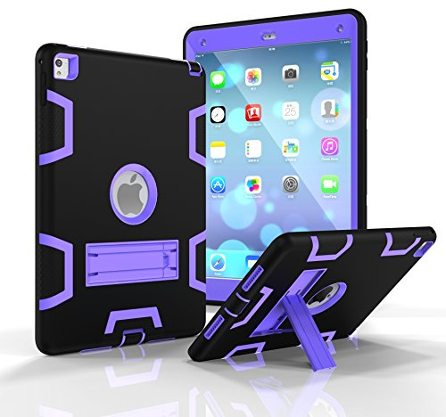 Copmob Coque iPad Air 2,Coque iPad 6,[Résistant aux Chocs] [Anti-Chute] [Imperméable], Étui en Plastique de Silicone Hybrid Case Cover avec Support, pour iPad 6 / iPad Air 2- Noir/Pourpre