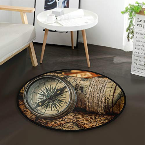 Mnsruu Tapis rond rétro Motif boussole du vent et rose 92 cm de diamètre