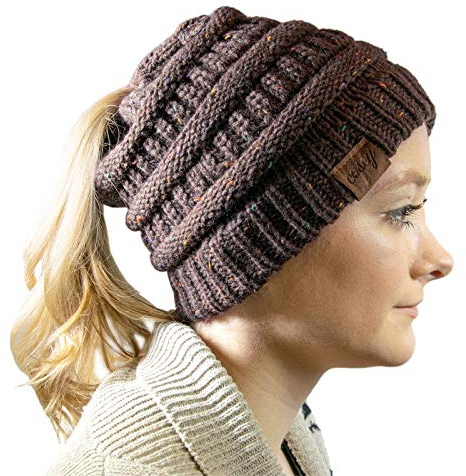 cosey - Strick Wintermütze – Pferdeschwanz-Mütze mit Zopfloch für Damen und Mädchen - Gesprenkelt Braun