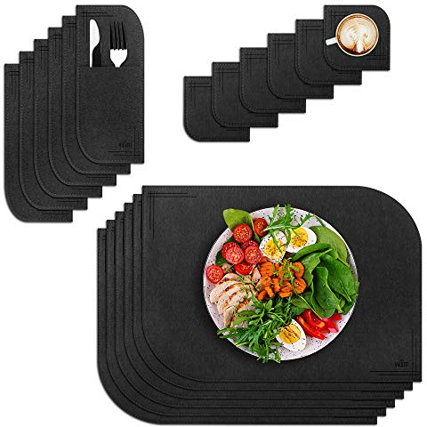 VILSTO Tischset Filz 18er Set, Tischsets Abwaschbar, Teller Set Untersetzer Gläser Bestecktaschen, Küchen Deko, Tischdeko Esstisch, Platzset Abwischbar, Dunkelgrau