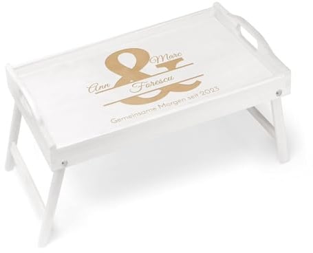 Maverton Frühstückstablett mit Gravur - für Zwei - Betttisch mit Griffen - klappbare Beine - Weiß - Geschenk für Paare - Einzugsgeschenk - Hochzeitsgeschenk - gemeinsam