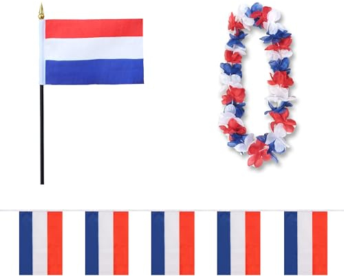 Sonia Originelli Niederlande Fan-Set 9 mit Tischfahne, Girlande und Hawaiikette - Fanartikel in der niederländischen Nationalflagge für WM, EM und Events