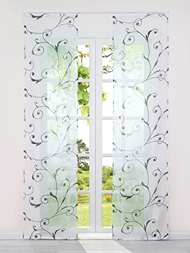 HeichkelL Voile Schiebegardinen 2er Set Flächenvorhang Ranken Floral Motive Schiebevorhang inkl. Klettband und Beschwerungszubehör Fensterstores Raumteiler 2 Stück BxH 57x145 cm Schwarz