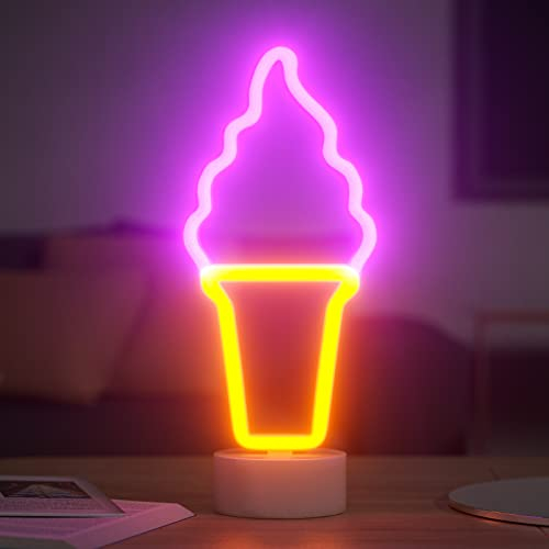 HOSYMO Eiscreme Neon Light, LED Neon Schild Leuchtreklame mit Ständer, Batterie oder USB Betrieben, Eis Neon Sign Licht Deko für Party, Bar, Schlafzimmer, Weihnachten