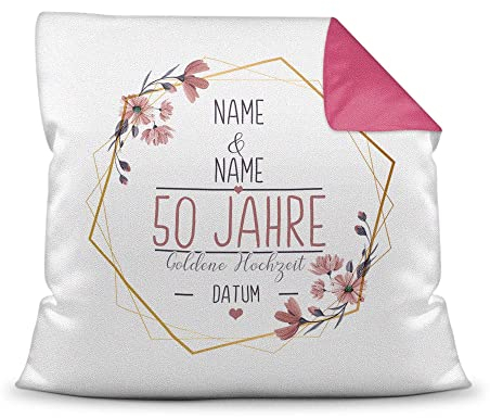 Kissen Hochzeitstag Goldene Hochzeit - mit Name & Datum selbst gestalten - 50 Jahre Ehe, Geschenk Hochzeit, Jubiläum, Jahrestag - Hochzeit Farbkissen Rückseite Pink, 40x40 cm I Personalisiert
