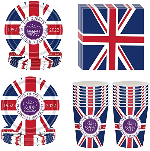 KAISAN 68 Pcs Queens Platinum Jubilee 2022 Decorations Union Jack Party Supplies Paper Plates Napkins Cups Tableware Set Featuring Her Majesty The Queen - British Decoration (Tableware Set)