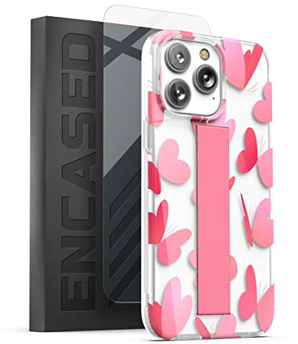 Encased Bando Series Designed for iPhone 14 Pro Clear Case with Design and Hand Strap Grip (Screen Protector Included) Pink Heart Butterfly