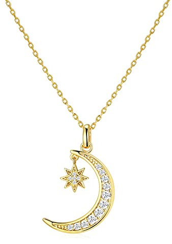 ASGEMSFJ überzogene Mond Halskette für Frauen, Mond und Stern Anhänger zierlich Trendy Gold Kette Halskette Schmuck Geschenk (Gold)