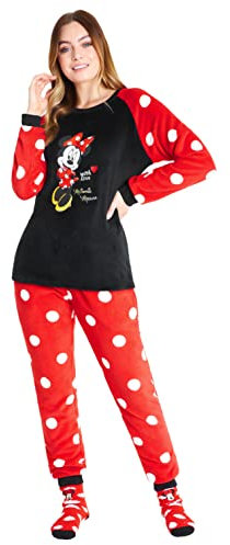 Disney Pigiama Donna Invernale in Pile con Calze Stitch Topolino Minnie Baby Yoda (Nero Rosso Minnie, M)